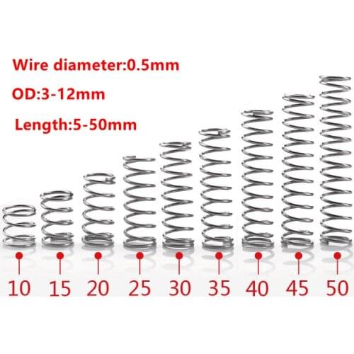 10pcs Wire Diameter 0.5mm 304 Stainless Steel Compression Spring Return Spring Outer diameter 3-12mm Length 5-50mm