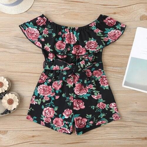 Summer Stylish Casual Toddler Strapless Romper Baby Girl Sleeveless Belted Floral Elastic Boat Neck Ruffle Playsuit