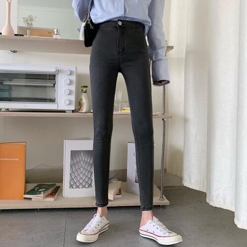 Fashion Womens Stretch High Waist Jeans Autumn Skinny Long Trousers Female Pencil Pants Elastic Denim Pants Black Blue