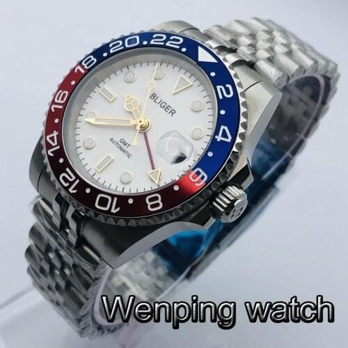 Bliger 40mm Mens Casual Luxury GMT Business Watch Sapphire Glass White Dial Date Luminous Mens Top Automatic Watch
