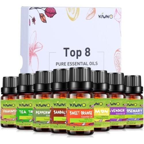 KIUNO 10ML 8pcs Pure Essential Oils Gift Set Humidifier Aromatherapy Sandalwood Orange Tea Tree Lavender Peppermint Rosemary Oil