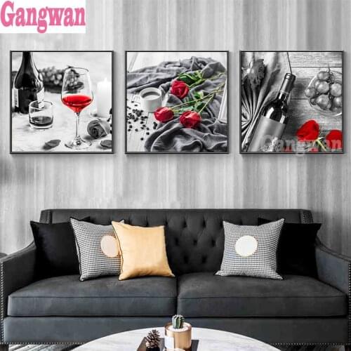 Gangwan 3 pcs sets Kitchen Vintage wine rose diy diamond painting full diamond embroidery rhinestone kit triptych black red art