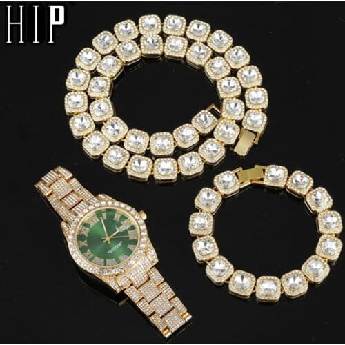 Hip Hop 12MM 3PCS KIT Watch+Necklace+Bracelet Bling Crystal AAA+ Iced Out Cuban Rhinestones Chains For Women Men Jewelry