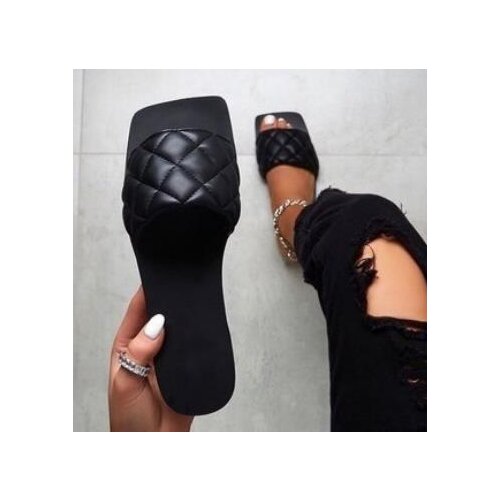 New Womens Slippers Womens Square Toe PU Leather Slippers Womens Summer Flat Sandals Plus Size Flat Sandals LW479