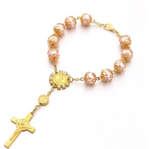 New Desginer Top Quality Women Accessories glass pearl Bead Bracelet With Cross Pendant catholic Rosary Bracelets 10 pcs/ lot