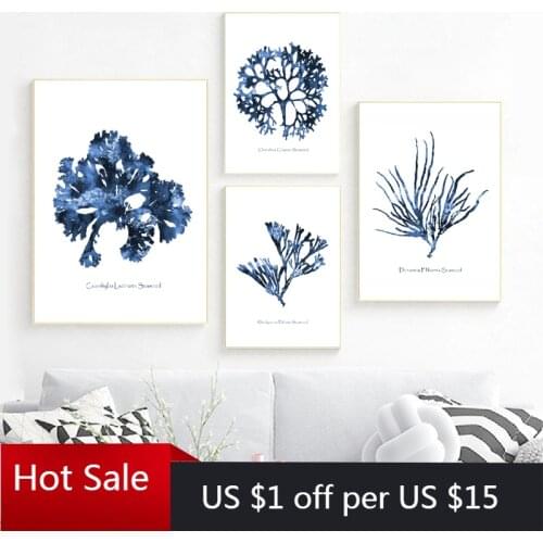 Hamptons Wall Art Prints Sea Coral Posters Coastal Beach Nautical Art Canvas Painting color Blue Pictures Home Wall Decor