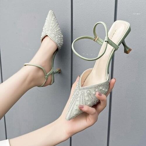 Sexy Pearl High Heels Sandals Women Fashion Crystal Wedding Party Shoes Woman Pumps Summer Pointed Toe Slingback Sandals