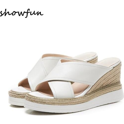 Womens real leather wedge platform sandals cross strap high heel open toe summer mules elegant ladies top quality slides shoes