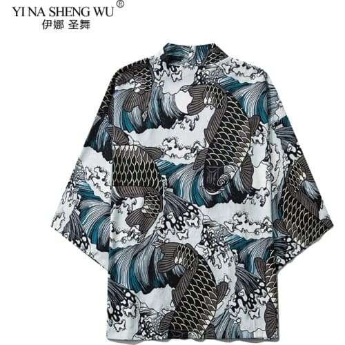 Japanese Style Wave Flamingo Print Men Women Traditional Cardigan Yukata Streetwear Haori Clothes Yukata Kimono Obi Beach Tops