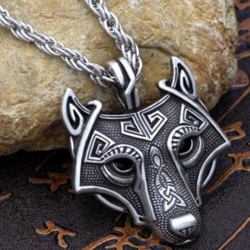 Vintage Punk Style Norse Vikings Wolf Head Necklace Pendant Green Crystal Eyes Original Animal Necklaces for Men Amulet Jewelry