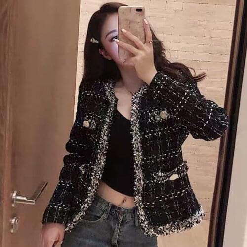 Tassel Plaid Tweed Jackets Women O-Neck Long Sleeve Cropped Coats Office Lady Elegant Woolen Outwear Plus Size Vintage 2021 B687