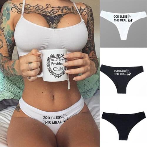 Women Funny Lingerie G-string Briefs Underwear Letter Panties Casual T String Thongs Knickers Black White