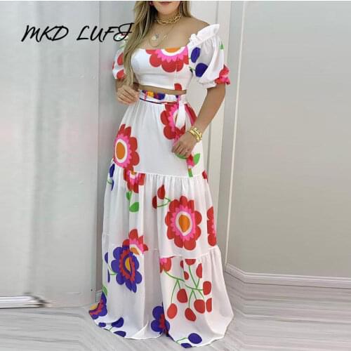 Floral Print Lace-up Backless Crop Top & Maxi Skirt Sets Sexy Summer Women