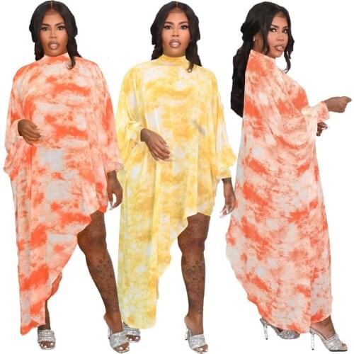 New Autumn Elegant Tie Dye Print Irregular Long Women Dress Casual O Neck Long Sleeve Loose Streetwear Dress Robe Lounge