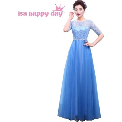 Light blue special occasion o neck prom long closed back dresses 2020 new fashion arrival with half sleeves rhinestone H3766