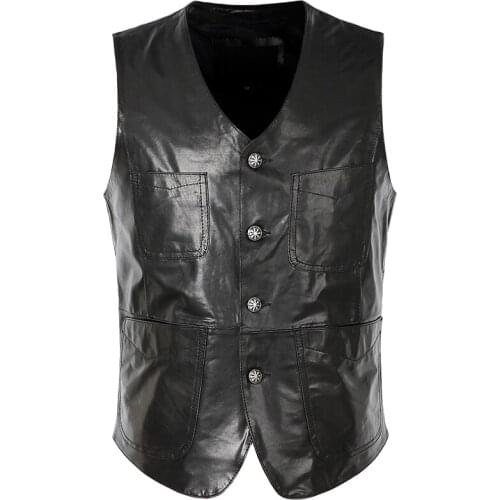 Vest Mens Genuine Sheepskin Spring Summer Slim Fit Motorcycle Vests Black Casual Leather Sleeveless Jackets Waistcoat