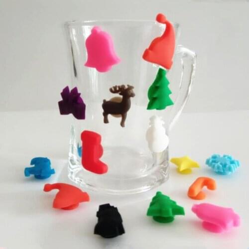 12Pcs/Set Drinking Cup Identifier Wine Label Sign Mark Christmas Pattern Multicolor Party Supplies Food Grade Silicone