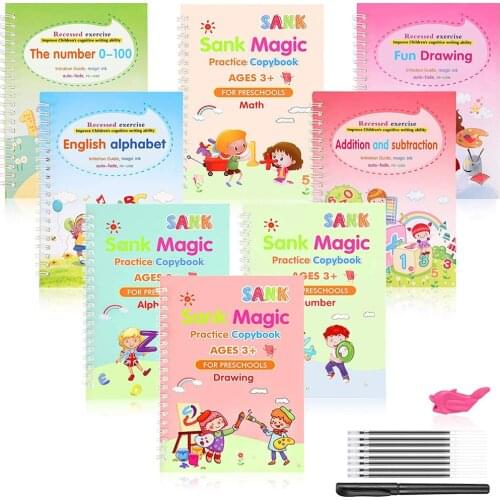 4 Book Magic English Practice Copybook Handwriting Copybooks , Reusable Kids Magic Writing Board for Calligraphic Letter Writing