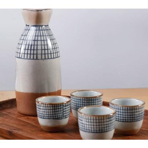5PC Japanese Ceramic Sake Jug Retro Small Wine Cup Shochu Set Ancient Style Ancient Rhyme Warm Jug Household Yellow Wine Ice Jug