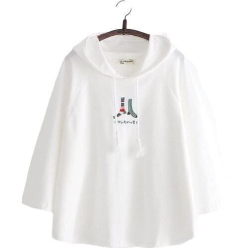 White Cartoon Embroidery Casual Hooded Sweatshirt Women 2020 Autumn Long Sleeve Drawstring Hoodies Korean Style Female Basic Top