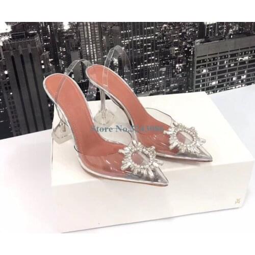 Bling Bling Rhinestone Thin High Heel Sandals Pointed Toe Transparent PVC Stiletto Heel Summer Shoes Crystal Heel Party Shoes