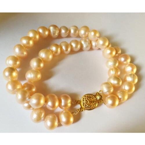 2Rows pink pearl Bracelet 8x9mm Natural Freshwater Pearl gold clasp Handmade Woman Jewelry Wedding