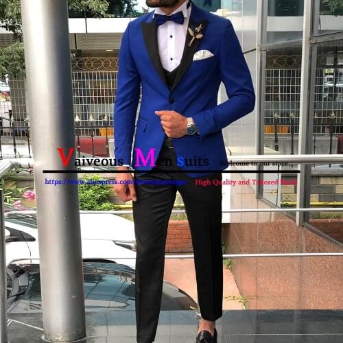 Formal Men Suits Slim Fit for Prom 3 Piece Blazer Vest with Pants Wedding Groomsmen Royal Blue Tuxedo Male Fashion Costume Homme