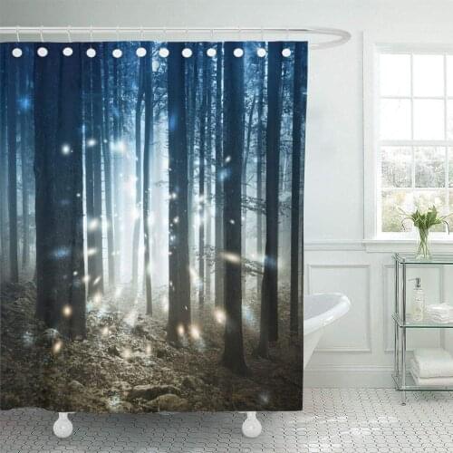 Shower Curtain Blue Mystery Fantasy Firefly Lights in The Magic Fairy Tale Foggy Forest Heaven Mystic Decorative