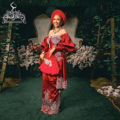 Elegant Red Off The Shoulder Satin Wedding Dress Luxury Beading Crystals Bridal Gowns Floor Length African Wedding Gowns Gonna