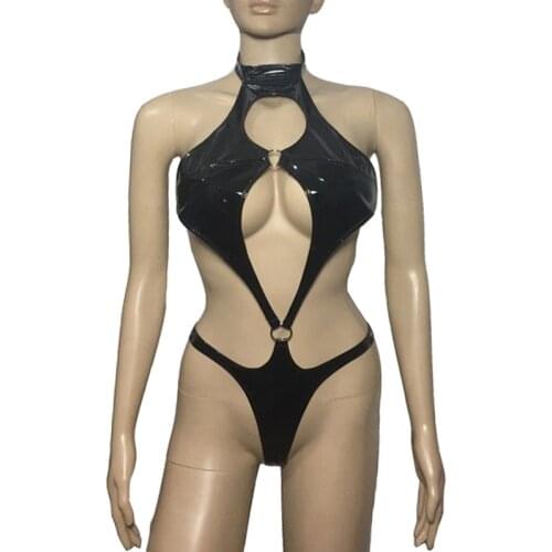 Erotic Women Latex Leather Teddy Bodysuit Hollow Out Thong Leotard Lingerie Jumpsuit Romper Mistress Fetish Costume