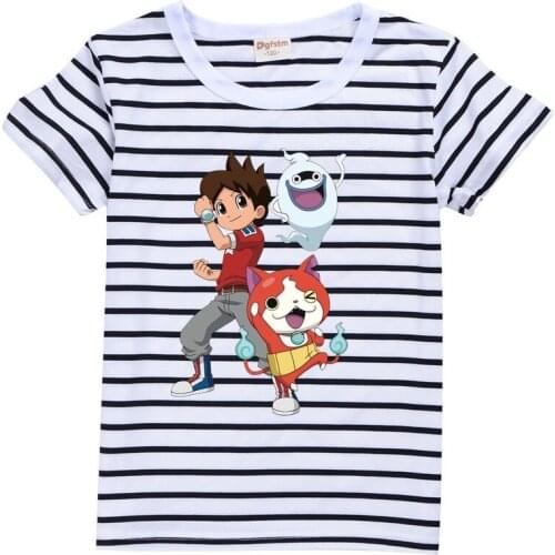 Kawaii YO KAI Watch t shirt Kids Summer Cute Tops Navy stripes Children t-shirt Thin section Hipster Girls Tshirt Tops clothing