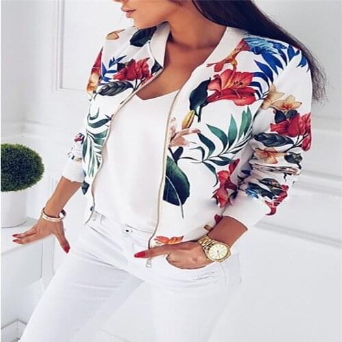Hirigin Coats and Jackets Womens Black and White Retro Floral Long-sleeved Zipper Bomber Jacket Autumn Knight Jacket Short Coat