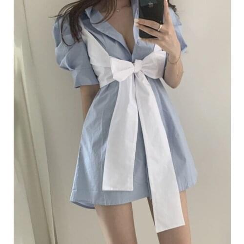 Korea Chic Two Wear Bowknot Wrapped Chest Strap Female Long Short Puff Sleeve Shirt Dress 2 Pcs Set