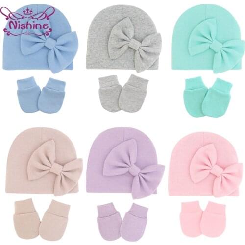 Nishine Fashion Warm Newborn Hat and Glove Set Solid Color Bowknot Baby Caps Infant Anti-eat Hand Anti-Grab Face Protect Mitten