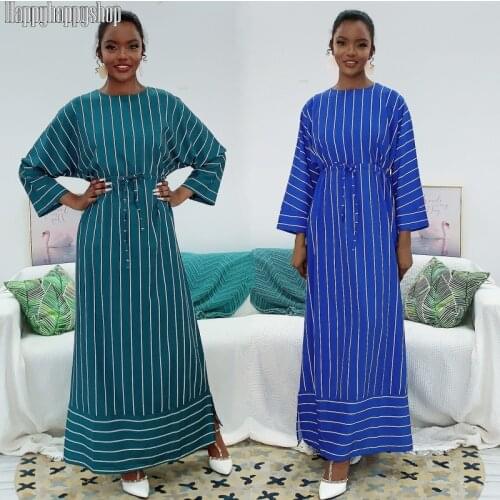 Muslim Women Striped Dress Autumn Long Sleeve Robe Islamic Abaya Kaftan Arab Jilbab Dubai Party Gown Ladies Clothes