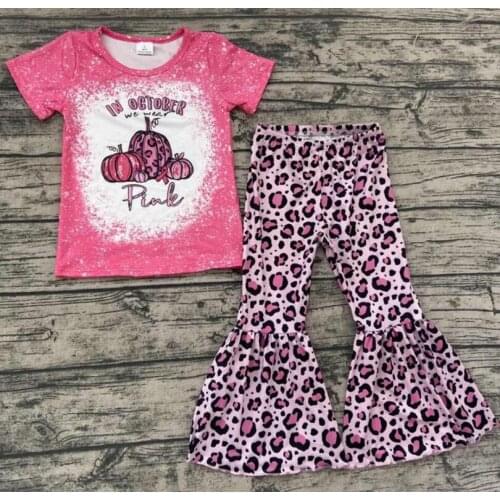 New RTS wholesale Infant Baby Girls Lovely Pink Pumpkin Short Sleeves Tops Bell Bottoms fall Boutique Kids Clothing-Sets