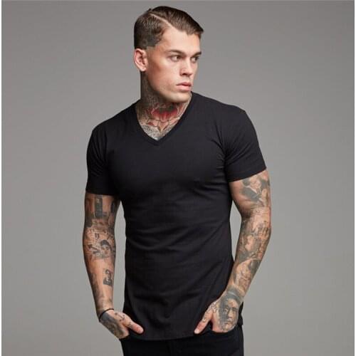 New Mens Brand Sports Fashion Short Sleeve Fitness Tshirt Cotton Clothing Bodybuilding Trend Casual Running V-neck T Shirts
