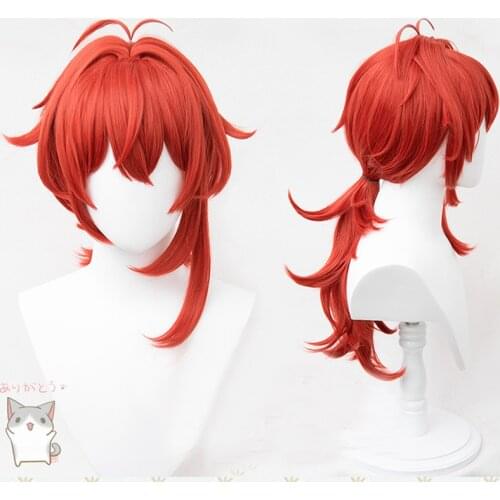 Genshin Impact Diluc Cosplay 65cm Long Red Wig Cosplay Anime Cosplay Wigs Heat Resistant Synthetic Wigs + Wig Cap