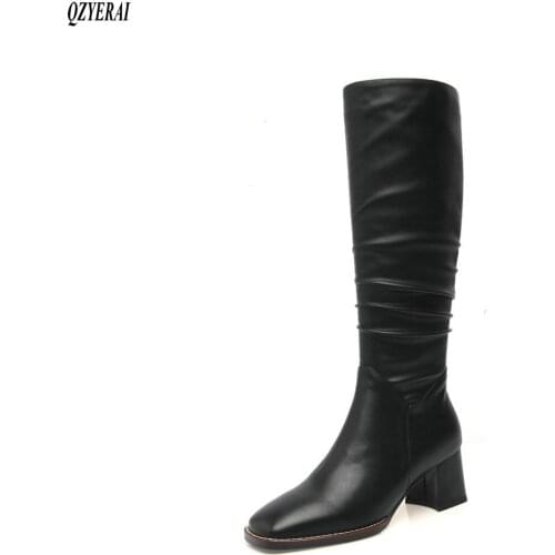 QZYERAI The knee boots Autumn and winter Genuine leather Female boots Womens boots black Head layer cowhide Womens shoes