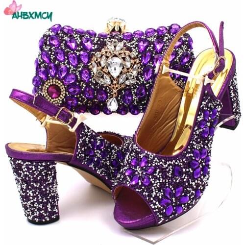 Purple Color Offics Lady Italian Design Shoes Matching Bag Decorate with Rhinestone for Party African Ladies Shoes and Bag Set