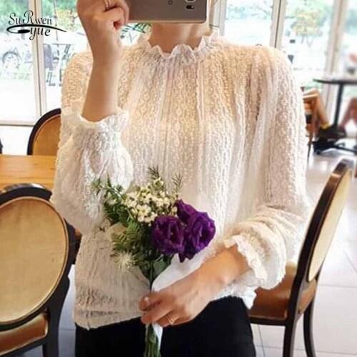 Stand-up Collar 2021 Spring Women Petal Sleeve Autumn Slim-fit Blouses Sweet Lace Bottoming Hollow Out Shirt Blusas Mujer 11685