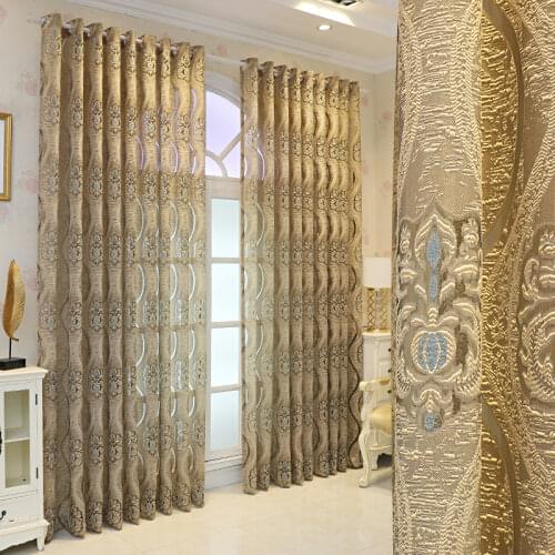 Embroidered Gold Sheer Curtains For Living Room Jacquard Floral Elegant Tulle Parlor Villa Sliding Door Window Treatment Drapes
