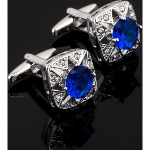 High quality mens fashion jewelry silvery hollow out blue crystal cufflinks French shirt sleeve cuff links Christmas gift