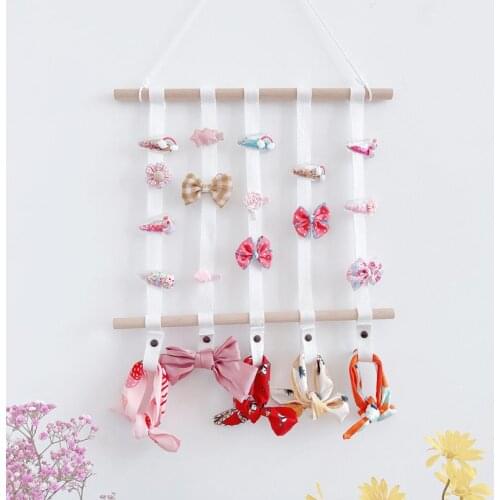 INS Girls Hair Clips Holder Hairpin Storage Belt Wooden Sticks Hair Bow Hanger Barrette Hairband Organizer Kids Room Decorations