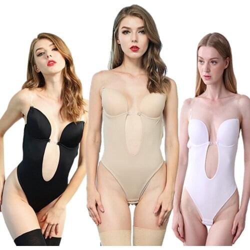 Woman Deep V Bodysuit Clear Strap Backless Plunge Thong Push Up Padded Bra Body Shaper Suit Convertible Seamless Low Back