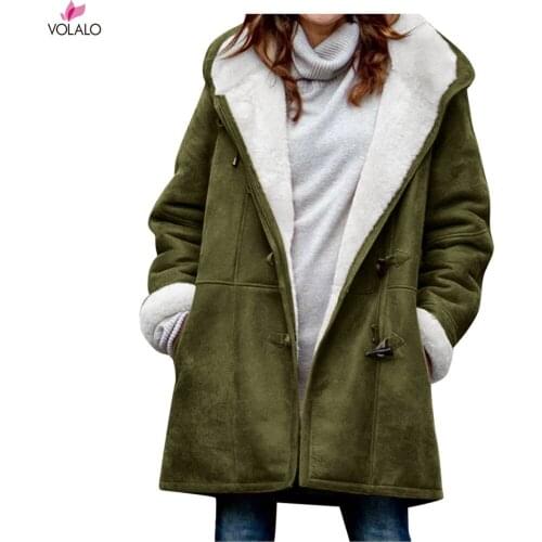 Women Winter Plus Size Solid Coat Velvet Coat Long Sleeve Horn Buckle Pocket Overcoat Hooded Warm Coats Ropa Mujer Invierno