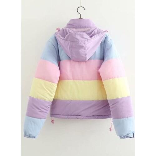 Winter Thicken Rainbow Contrast Womens Down Jacket Loose Padded Student Winter Coat Women Warm College Parka Female