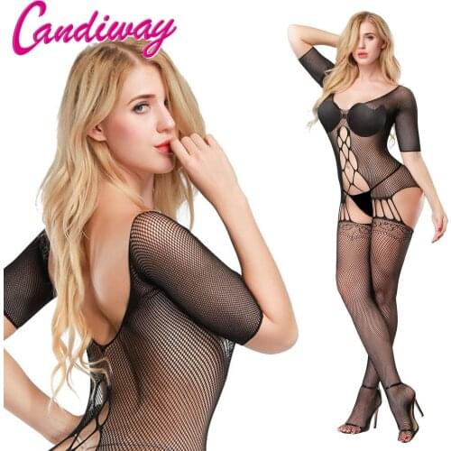Candiway Plus Size Black Sexy Stretch Backless Mid Sleeve Corset Open Crotch Fishnet Body stocking With Garter Belt