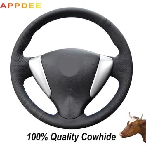 Hand-stitched Black Genuine Leather Steering Wheel Cover for Nissan TiidaSylphy 2012-2015 Versa 2015- 17 2018 2019 Versa Note