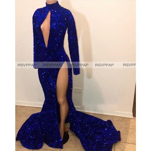 Long Prom Dresses 2021 New African Girl Sexy High Slit Cut-Out Front Glitter Sequin Long Sleeve Royal Blue Mermaid Prom Gowns